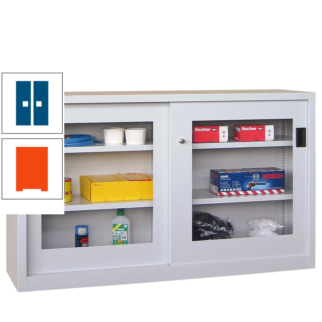 Schiebetürenschrank - Sichtfenstertüren - 1.000x1.500x600 mm (HxBxT) - 4 Böden, verzinkt - Zylinderschloss - anthrazitgrau
