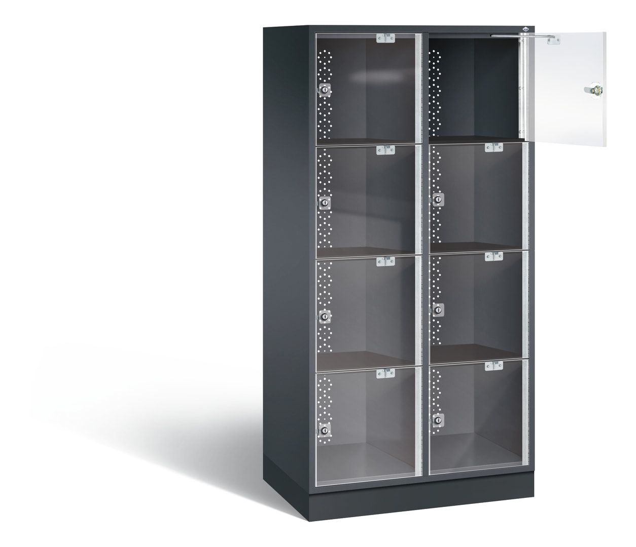 Schließfachschrank, Fächerschrank mit Türen aus Acrylglas, 2 Abteile, 8 Fächer, Zylinderschloss, 1.750 x 820 x 500 mm (HxBxT), Korpus anthrazitgrau