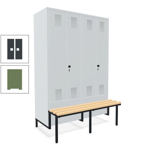 Doppel-Spind, Garderobenschrank, Buche Sitzbank integriert, 4 Abteile 300 mm, Korpus anthrazitgrau, Tür anthrazitgrau, 1.850 x 1.200 x 815 mm (HxBxT)