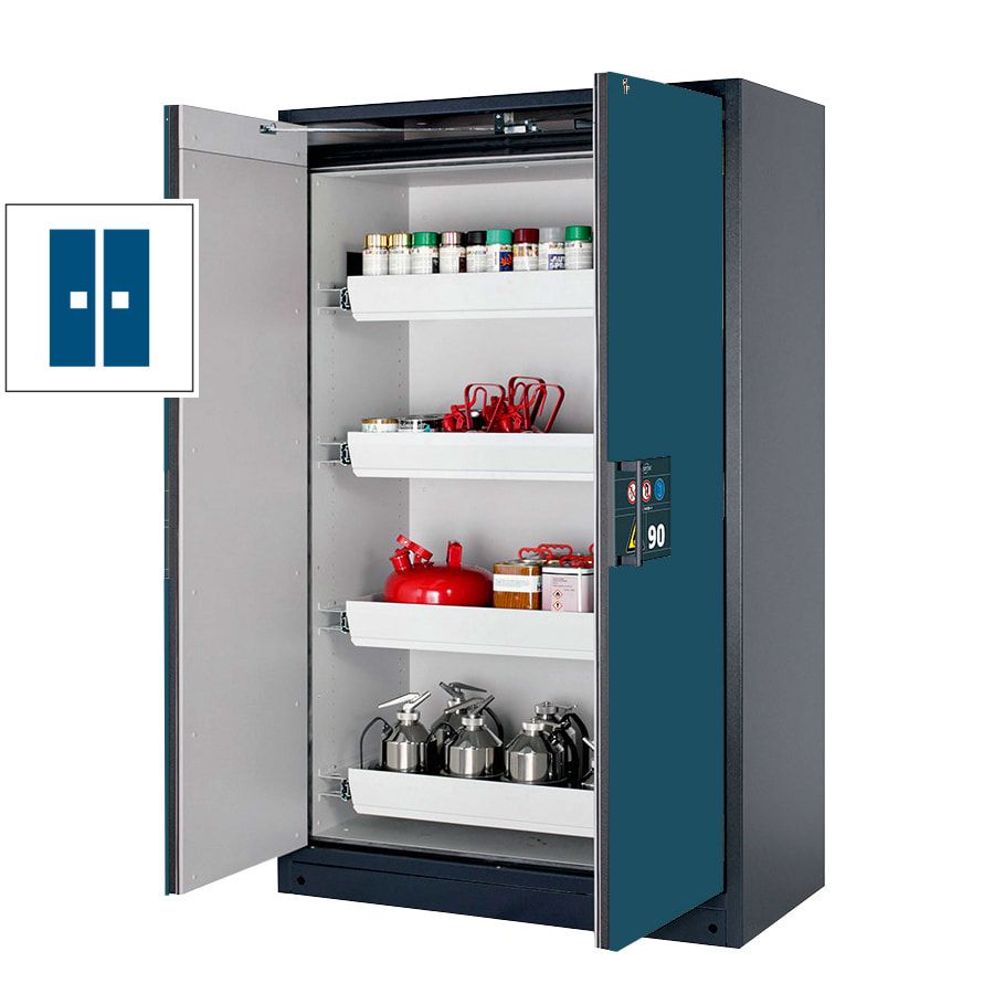 Gefahrstoffschrank - 1.953x1.193x615 mm - 2 Auszugswannen - Edelstahl - Front enzianblau