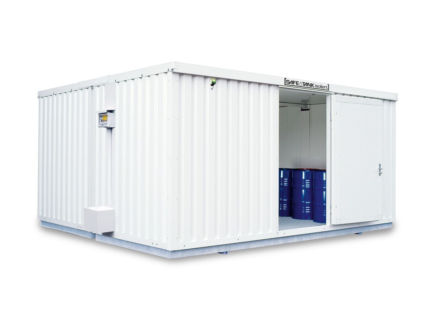 Isolierter Gefahrstoffcontainer - 2.520 x 5.050 x 4.340 mm (HxBxT) - Auffangvolumen 2 x 1.480 l - Sensorlüfter - Doppelflügeltür kurze Seite