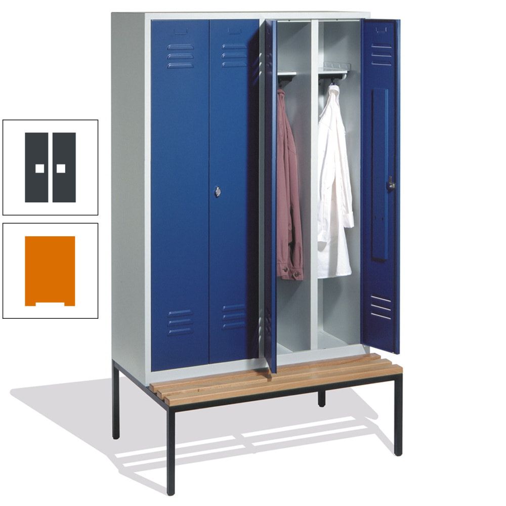 Doppel-Spindschrank, Buche Sitzbank untergebaut, 4 Abteile a 300 mm, Korpus lichtgrau, Tür anthrazitgrau, 2.090 x 1.190 x 815 mm (HxBxT)