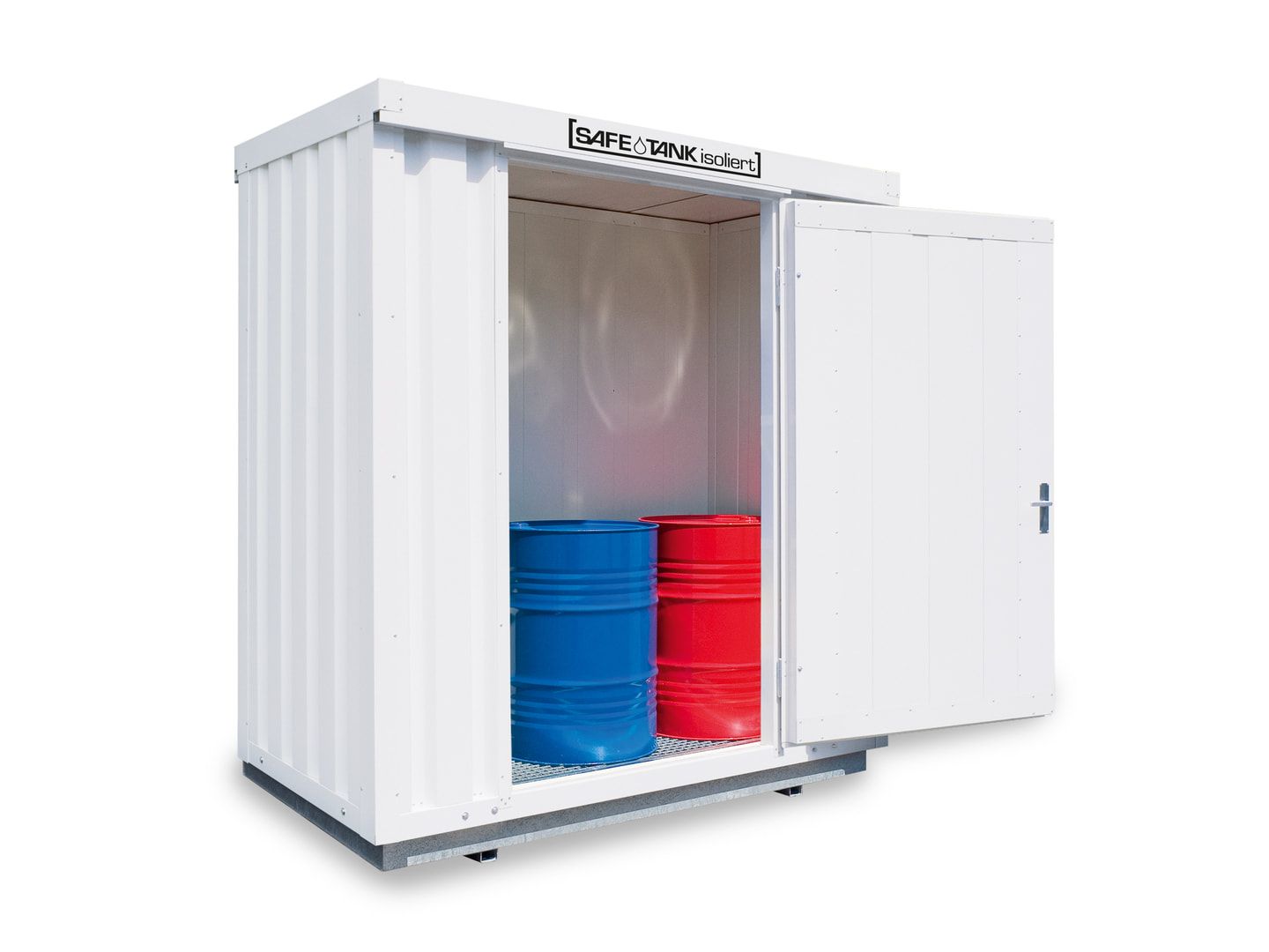 Isolierter Gefahrstoffcontainer - 2.520 x 2.100 x 1.140 mm (HxBxT) - Auffangvolumen 275 l - ohne Lüftung - asymmetrische Doppelflügeltür