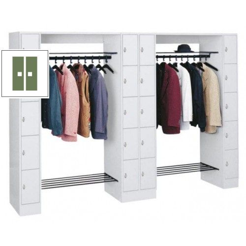 Garderobenanlage, Offene Garderobe mit Spindschrank, 20 Fächer, li./re/mitte, Farbe lichtgrau, Türfarbe enzianblau, 1.950 x 2.840 x 480 mm (HxBxT)