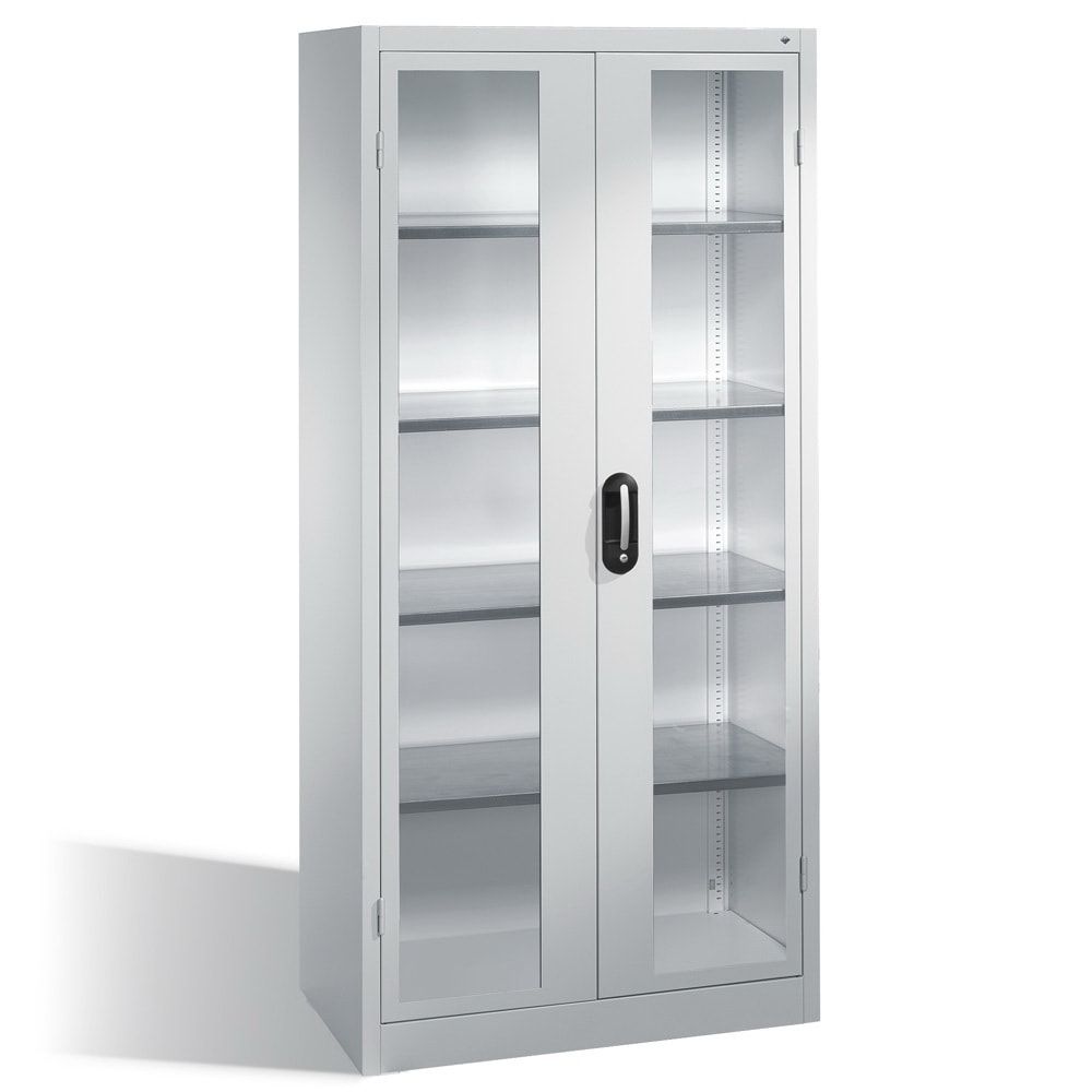 C+P Großraum Werkzeugschrank, Materiallager, Stahlschrank mit Sichtfenstertüren, 4 Fachböden, Farbe lichtgrau, 1.950 x 930 x 500 (HxBxT)