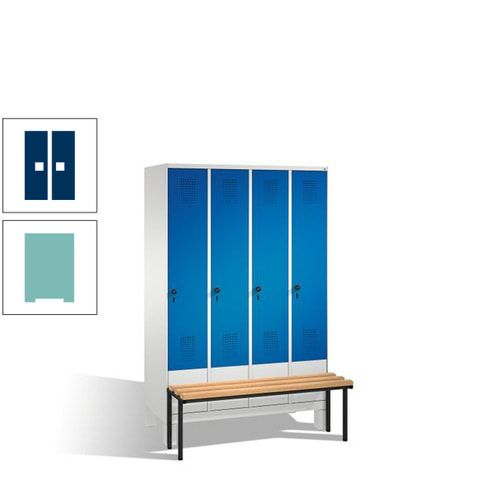 Stahl-Garderobenschrank, Spind, Buche Sitzbank vorgebaut, 4 Abteile a 300 mm, Korpus Lichtgrün, Tür Schwefelgelb, 1.850 x 1.200 x 815 mm (HxBxT)
