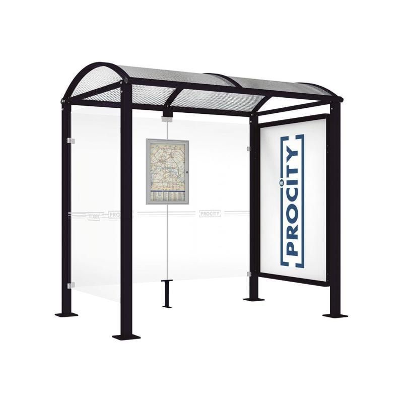 Buswartehalle, Unterstand, 1 Seitenwand, Schaukasten, feuerverzinkt, 2.500 x 2.500 x 1.600 mm (HxBxT), ESG, Fahrplanschaukasten, Farbe enzianblau
