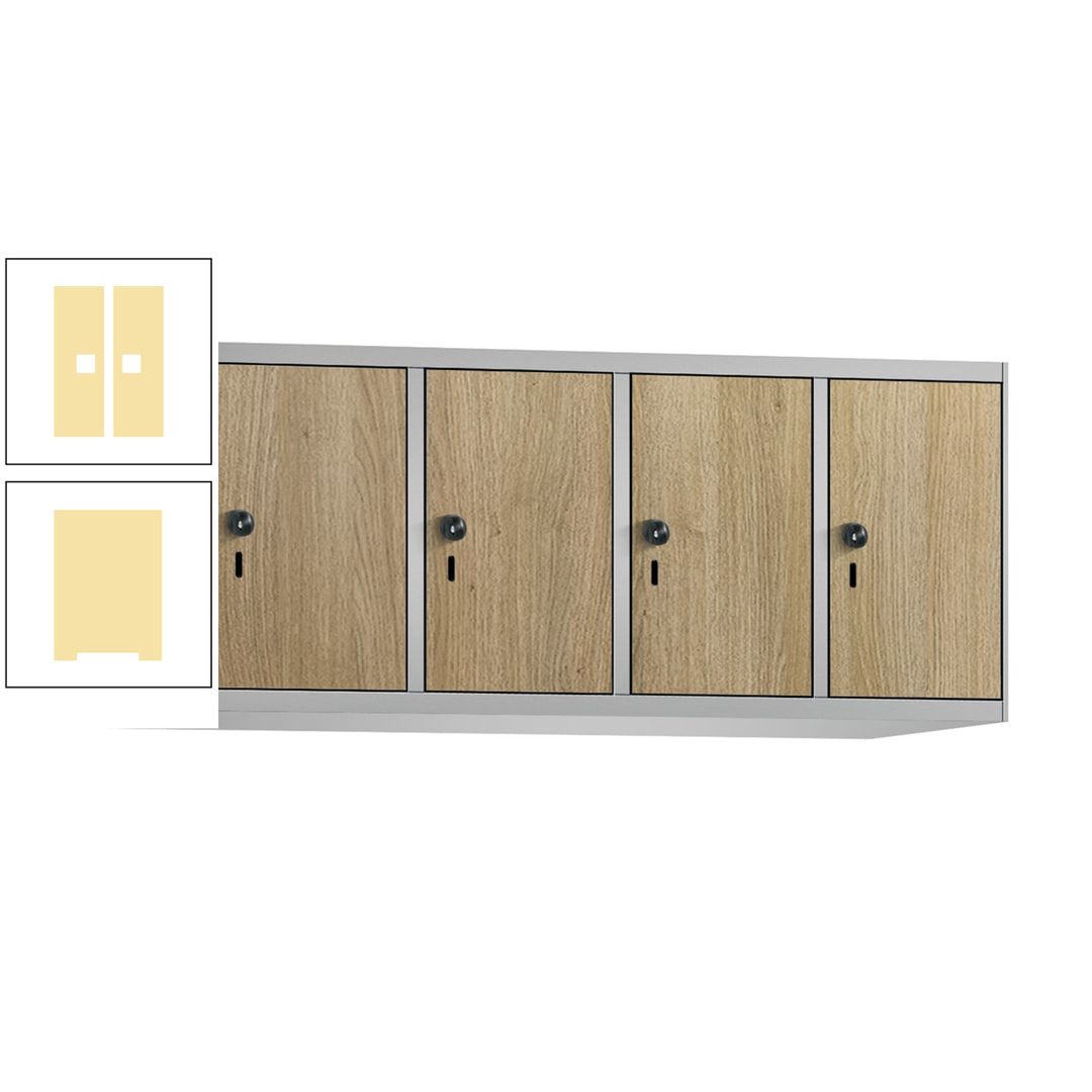 Aufsatzschrank, Schrankaufsatz, 4 Fächer a 300 mm, Farbe Pastellgelb, Tür anthrazitgrau, 500 x 1.200 x 500 mm (HxBxT)