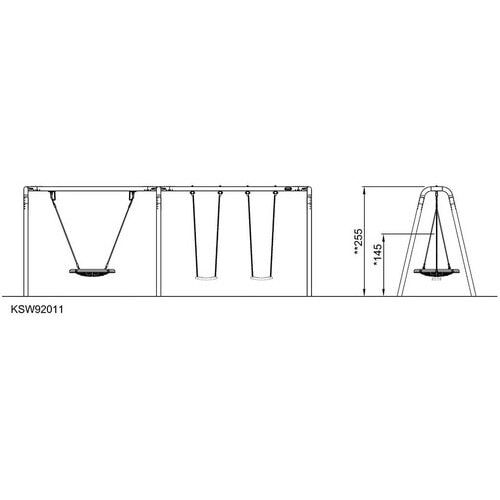 Schaukelkombi, Vogelnestschaukel, 2 Einzelsitze, Schwerlastaufhängung, ab 2 Jahre, 8 Nutzer, wartungsarm freistehend, 2.550 x 6.690 x 1.840 mm (HxBxT)