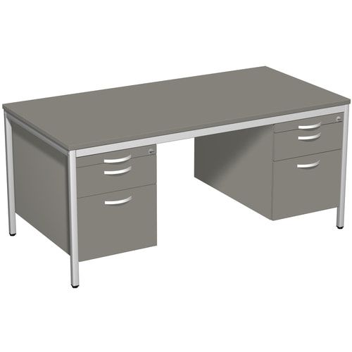 Schreibtisch 4-Fuß Eco - zwei Hängecontainer - 6 Schubfächer - abschließbar - 720 x 1.600 x 800 mm (HxBxT) - Gestell lichtgrau - Dekor Ahorn
