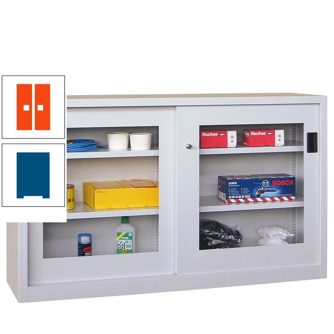 Schiebetürenschrank - Sichtfenstertüren - 1.000x1.500x600 mm (HxBxT) - 4 Böden, verzinkt - Zylinderschloss - anthrazitgrau