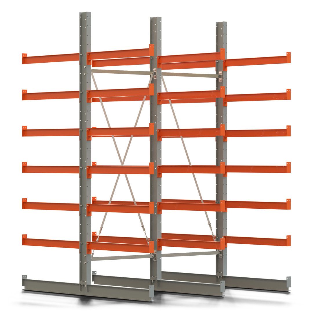 Doppelseitiges Kragarmregal, 2 Felder, 3.000 x 2.000 x 1.120 mm (HxBxT), Nutztiefe 500 mm, Kragarmlast 870 kg, KARL basic, silbergrau/reinorange