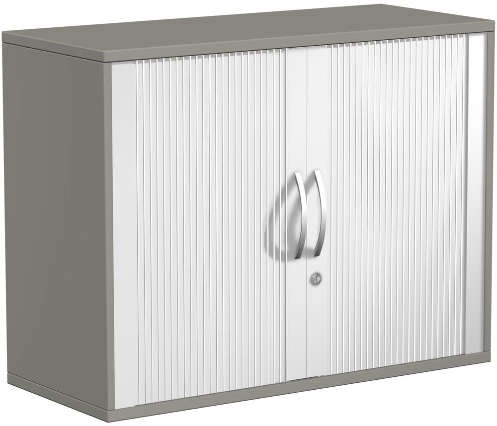 Querrollladenschrank, Dekoreinlageboden, Metallsockel/Standfüße, abschließbar, 768 x 1.000 x 425 mm (HxBxT), Korpusfarbe Ahorn, Frontfarbe silber
