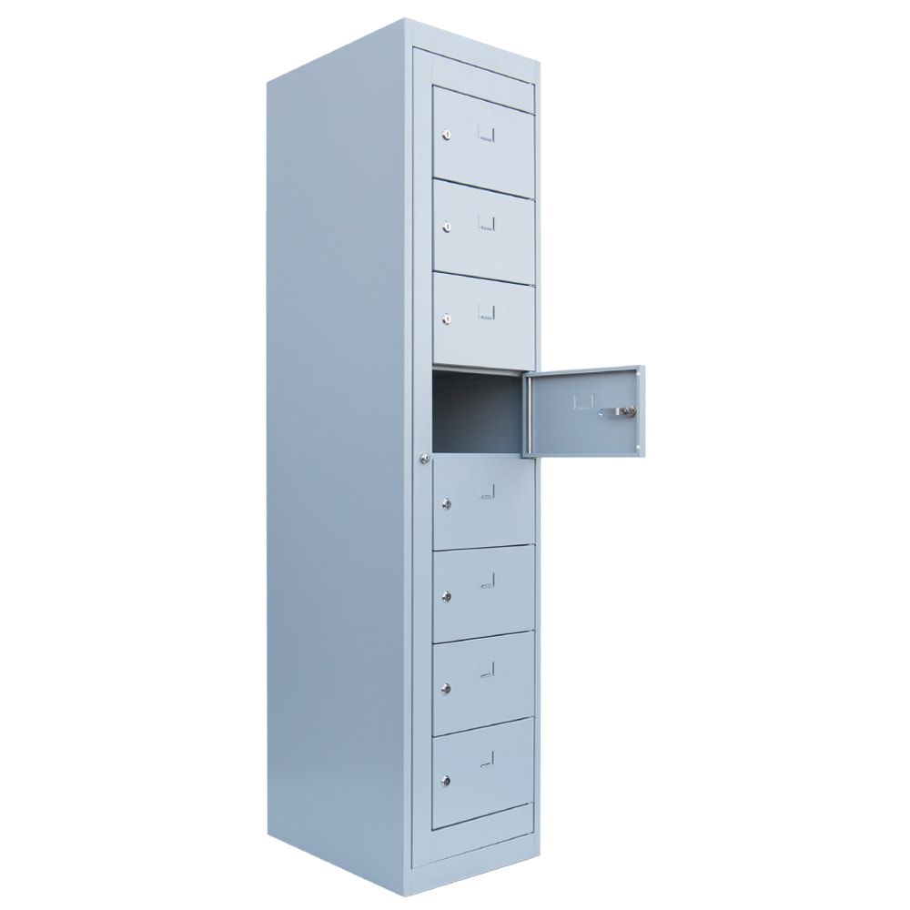 Verteilerschrank, Ausgabeschrank, Fächerschrank, Zentraltür, 1 Abteil, 8 Fächer, 1.800 x 400 x 500 mm (HxBxT), Korpus lichtgrau, Front enzianblau