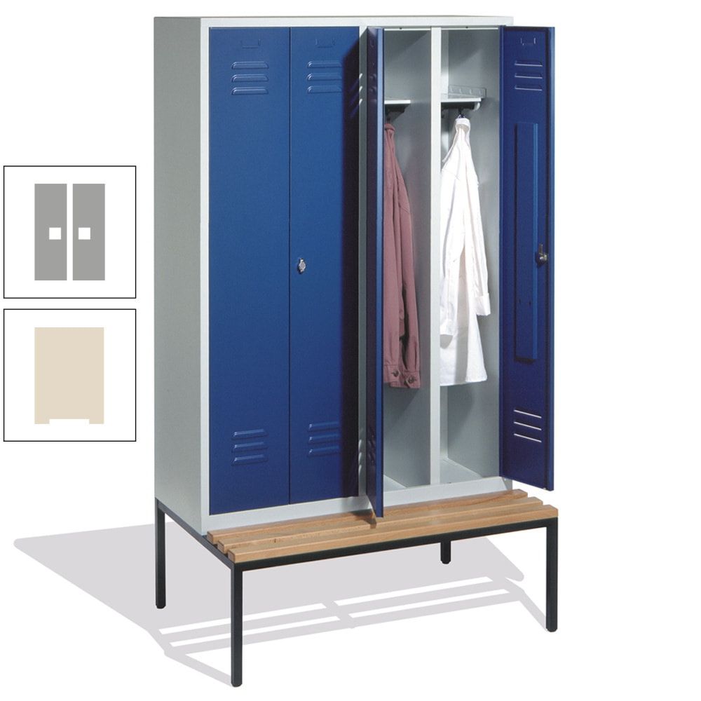 Doppel-Spindschrank, Buche Sitzbank untergebaut, 4 Abteile a 300 mm, Korpus lichtgrau, Tür anthrazitgrau, 2.090 x 1.190 x 815 mm (HxBxT)