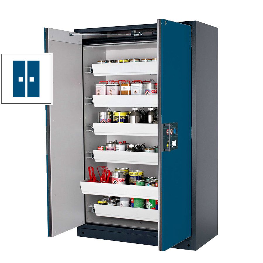Gefahrstoffschrank - 1.953x1.193x615 mm - 2 Auszugswannen - Edelstahl - Front enzianblau