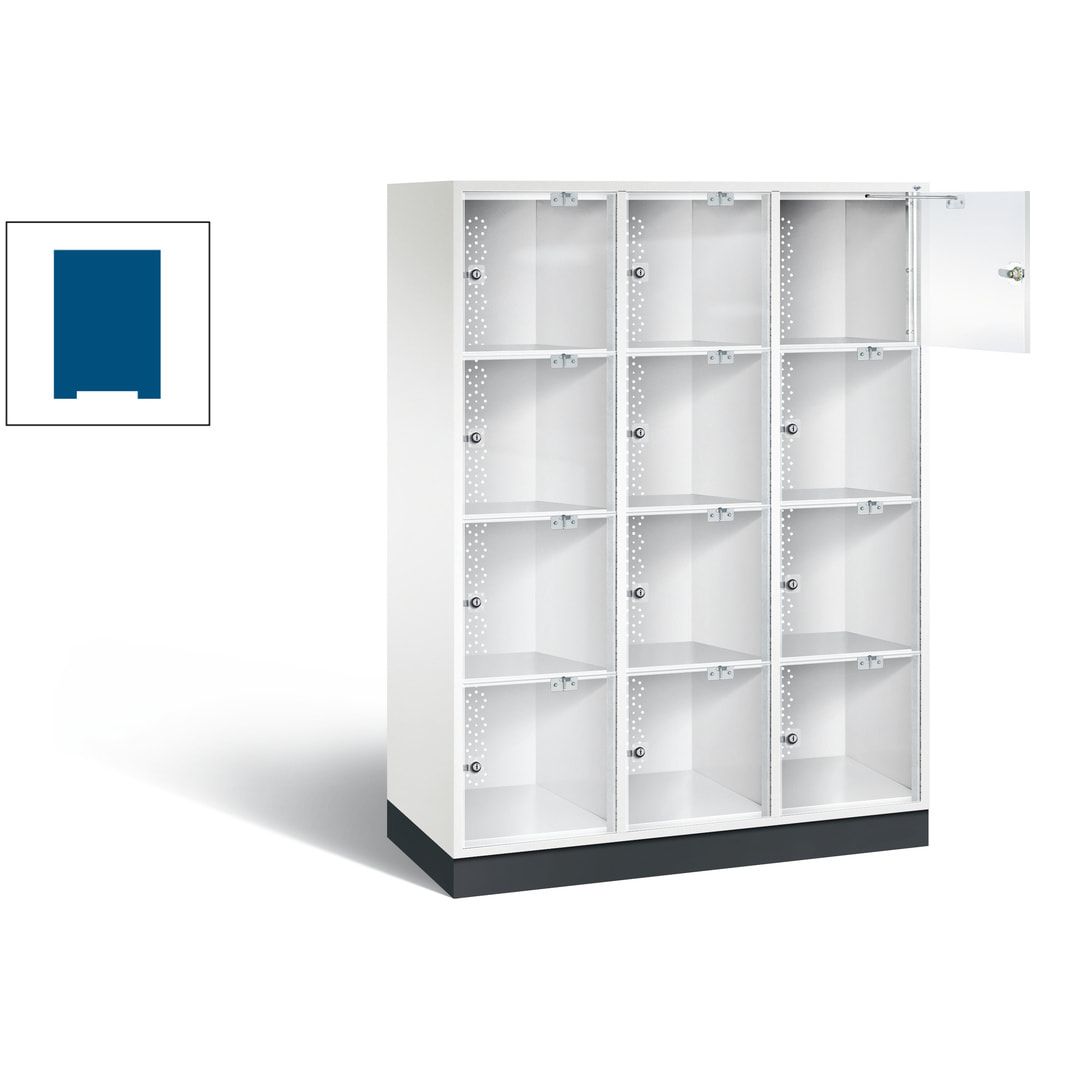 Schließfachschrank, Fächerschrank mit Türen aus Acrylglas, 3 Abteile, 12 Fächer, Zylinderschloss, 1.750 x 1.220 x 500 mm (HxBxT), Korpus anthrazitgrau