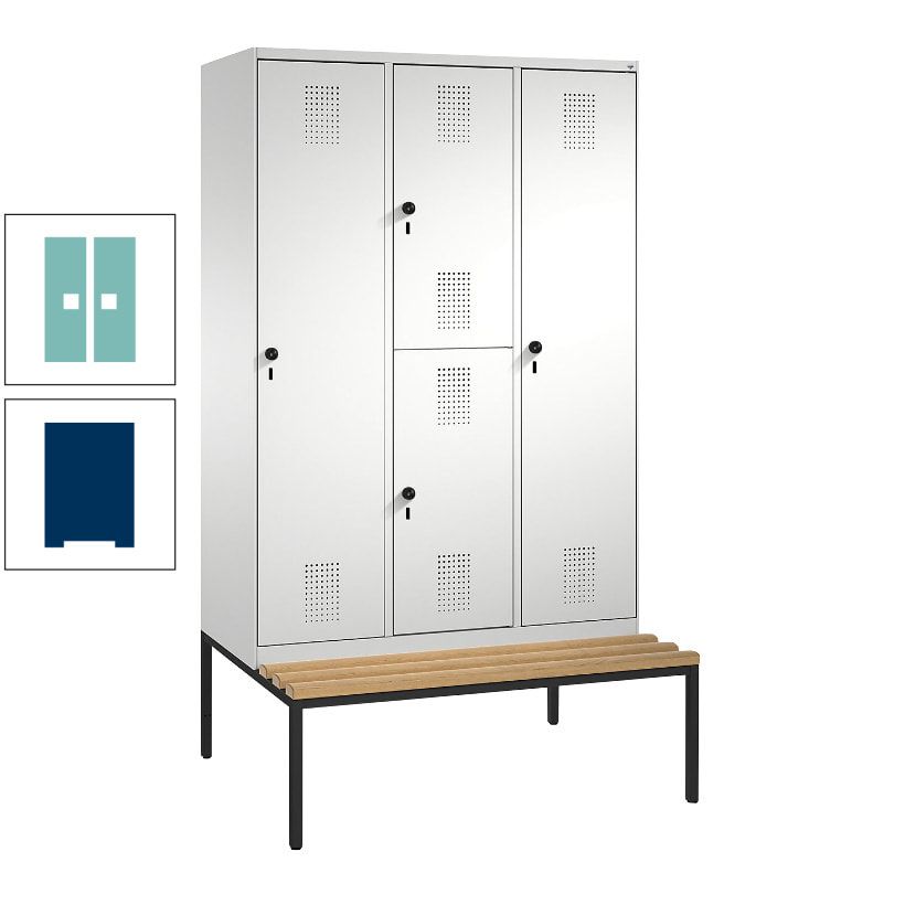Garderobenschrank, Spind ein- und doppelstöckig Sitzbank, 3 Abteile, 4 Fächer, 2.090x1.200x500 mm (HxBxT), Front anthrazitgrau, Korpus anthrazitgrau