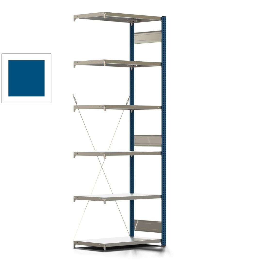Fachbodenregal mit Tiefenriegel - 350 kg - 2.500 x 875 x 526 mm (HxBxT) - Anbauregal - 6 Böden - enzianblau - Lagerregal - Steckregal BERT