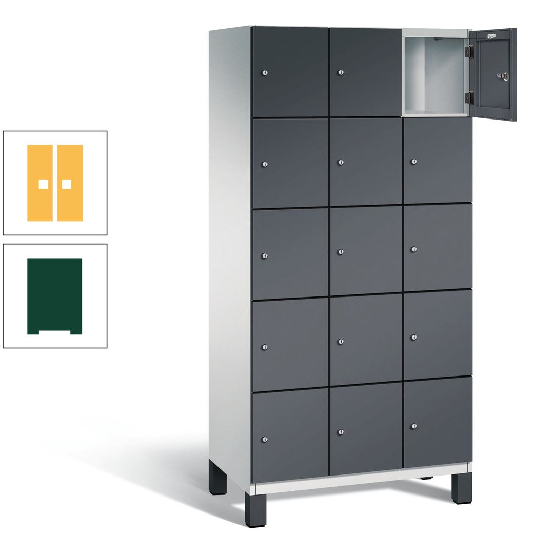 Fächerschrank, Stahlschrank, 15 Fächer, Türöffnungsbegrenzer, Füße, 1.980 x 900 x 525 mm (HxBxT), Korpus anthrazitgrau, Front anthrazitgrau