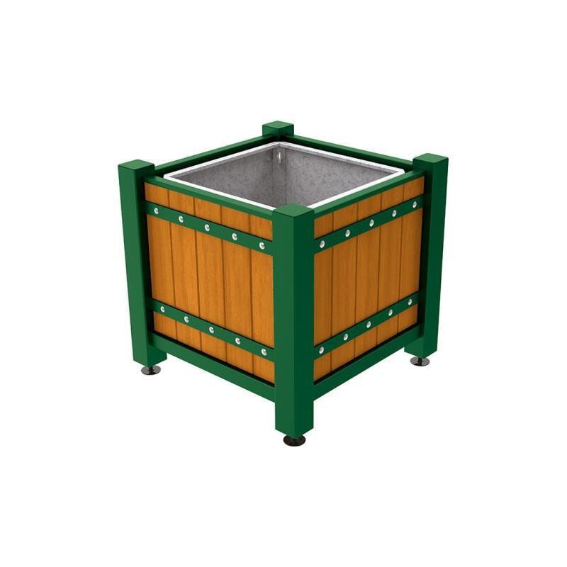Pflanzbehälter, Pflanzgefäß, verzinkt, Eichenholzverkleidung, innen feuerverzinkt mit Verladungsgriffen , 855 x 880 x 880 mm(HxBxT), enzianblau