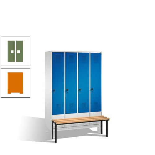 Stahl-Garderobenschrank, Spind, Buche Sitzbank vorgebaut, 4 Abteile a 300 mm, Korpus Lichtgrün, Tür Schwefelgelb, 1.850 x 1.200 x 815 mm (HxBxT)