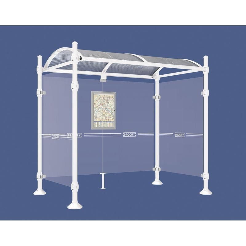 Buswartehalle, Unterstand, 2 Seitenwände, Kopf gebürsteter Edelstahl, ESG, Fahrplanschaukasten, 2.500 x 2.500 x 1.600 mm (HxBxT), Farbe enzianblau