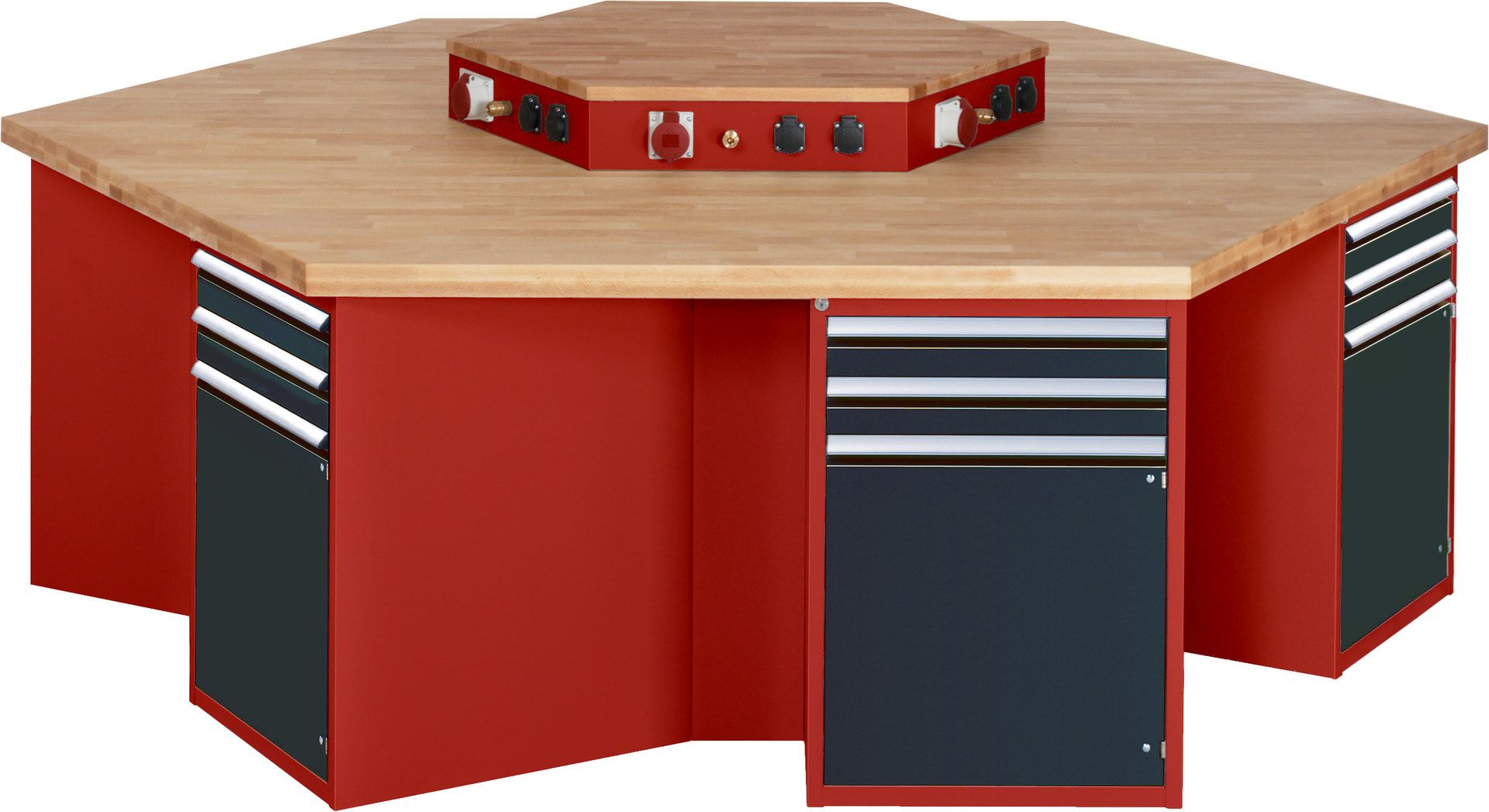 Gruppenwerkbank, Buche, Höhe 840 mm, mit Energieaufsatz, Unterbau-Container, 2 Schubladen, 1 Tür, 1 Boden - Anthrazitgrau
