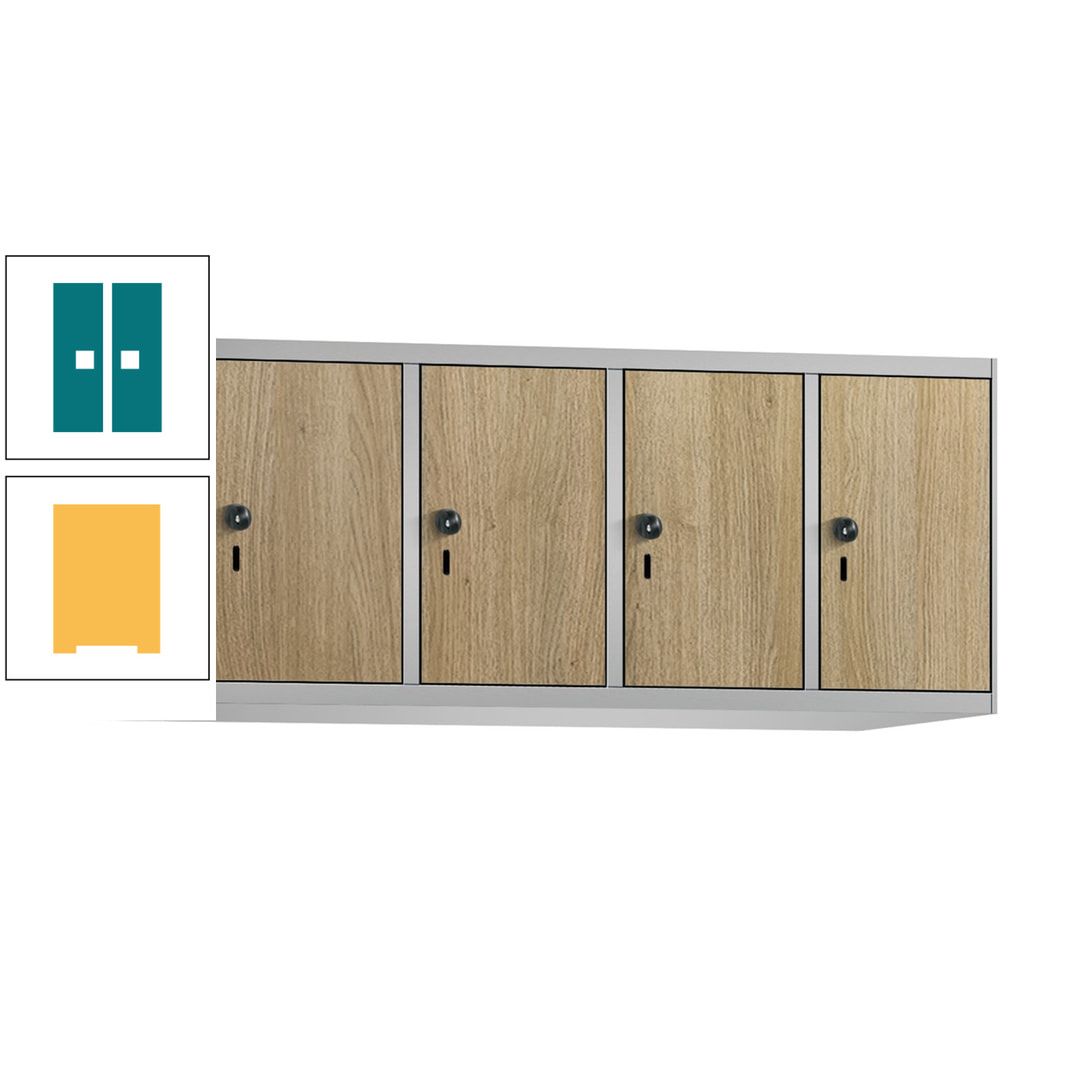 Aufsatzschrank, Schrankaufsatz, 4 Fächer a 300 mm, Farbe Pastellgelb, Tür anthrazitgrau, 500 x 1.200 x 500 mm (HxBxT)