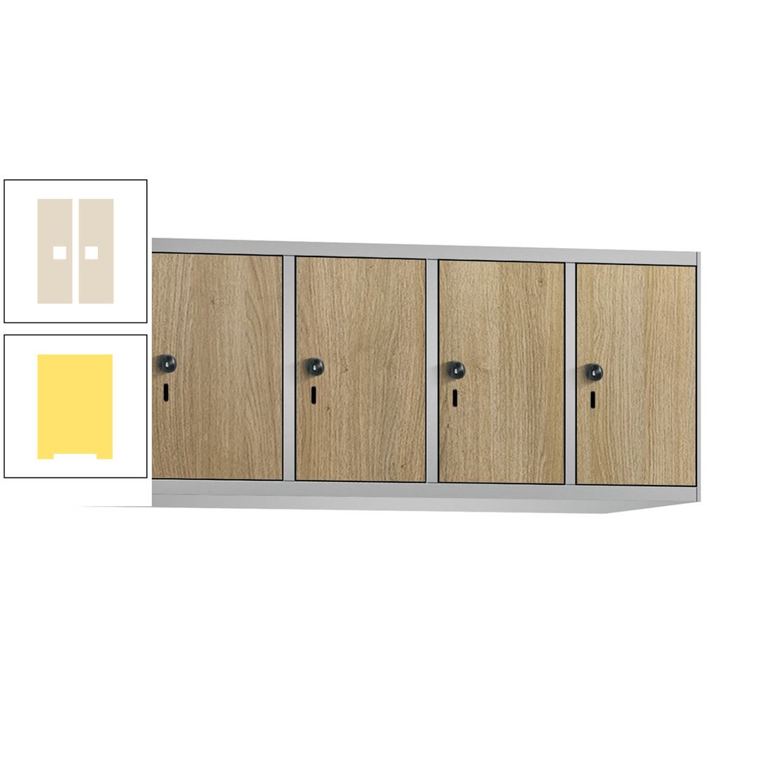 Aufsatzschrank, Schrankaufsatz, 4 Fächer a 300 mm, Farbe Pastellgelb, Tür anthrazitgrau, 500 x 1.200 x 500 mm (HxBxT)