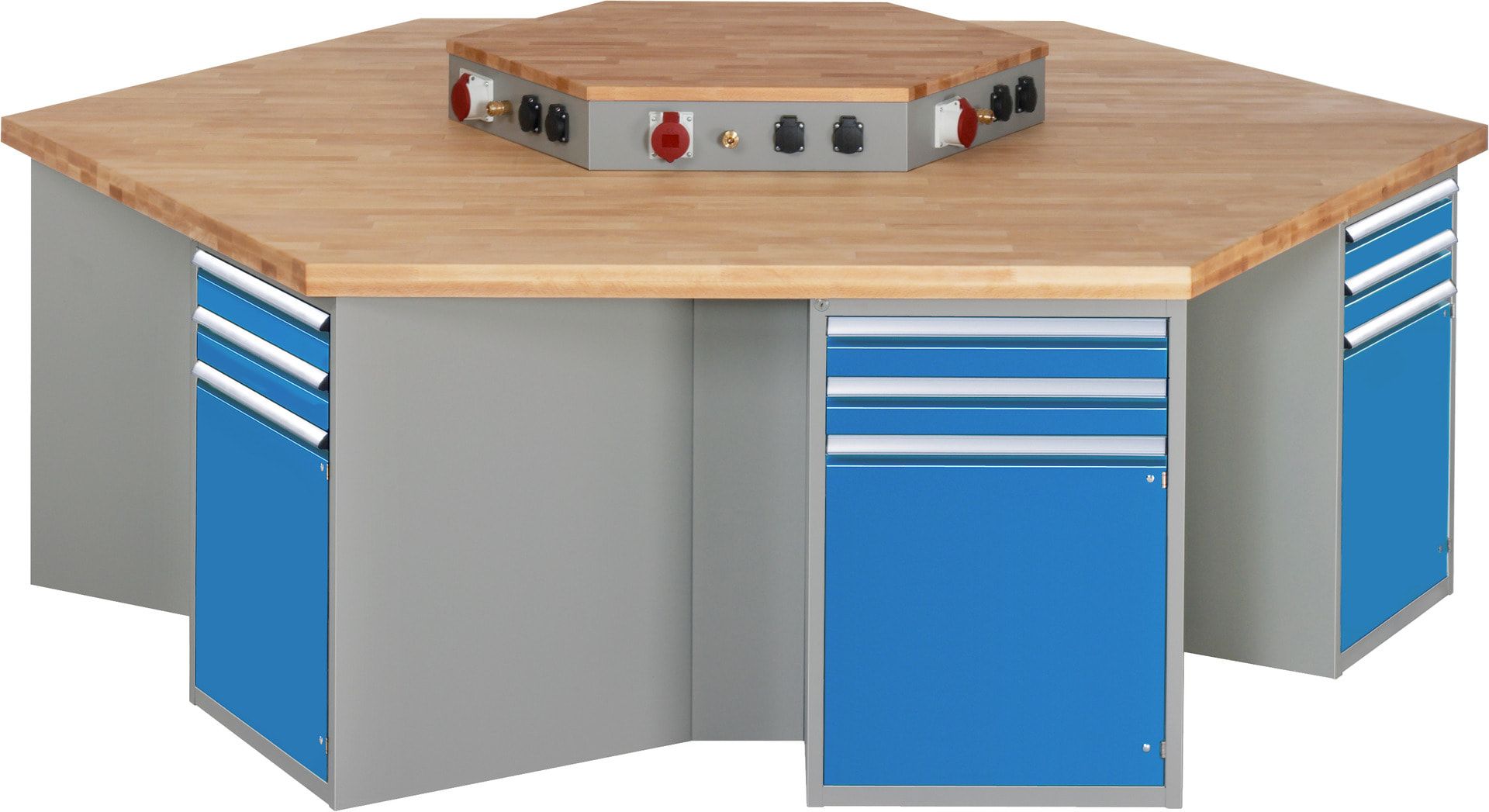 Gruppenwerkbank, Buche, Höhe 840 mm, mit Energieaufsatz, Unterbau-Container, 2 Schubladen, 1 Tür, 1 Boden - Anthrazitgrau