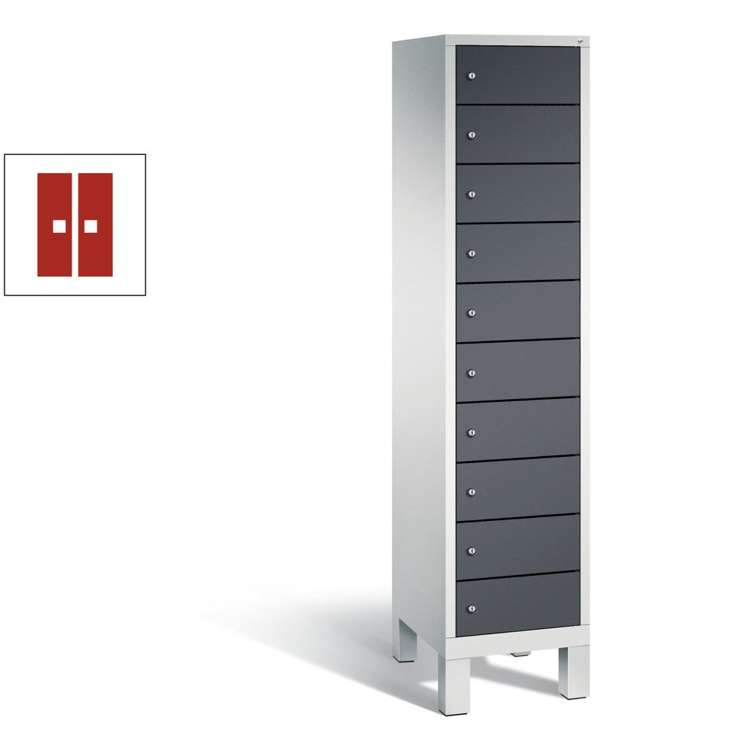 Laptopschrank, Tabletschrank, Computerschrank auf Füßen, 10 Fächer, 1.850 x 420 x 500 mm (HxBxT), Korpus gelborange, Tür anthrazitgrau