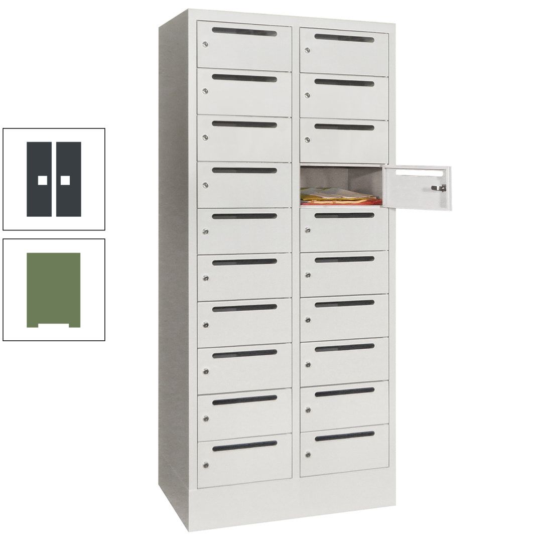 Postverteilerschrank, Schließfachschrank, 2 Abteile a 400 mm, 20 Fächer, 1.850 x 800 x 500 mm (HxBxT), Korpus anthrazitgrau, Front anthrazitgrau