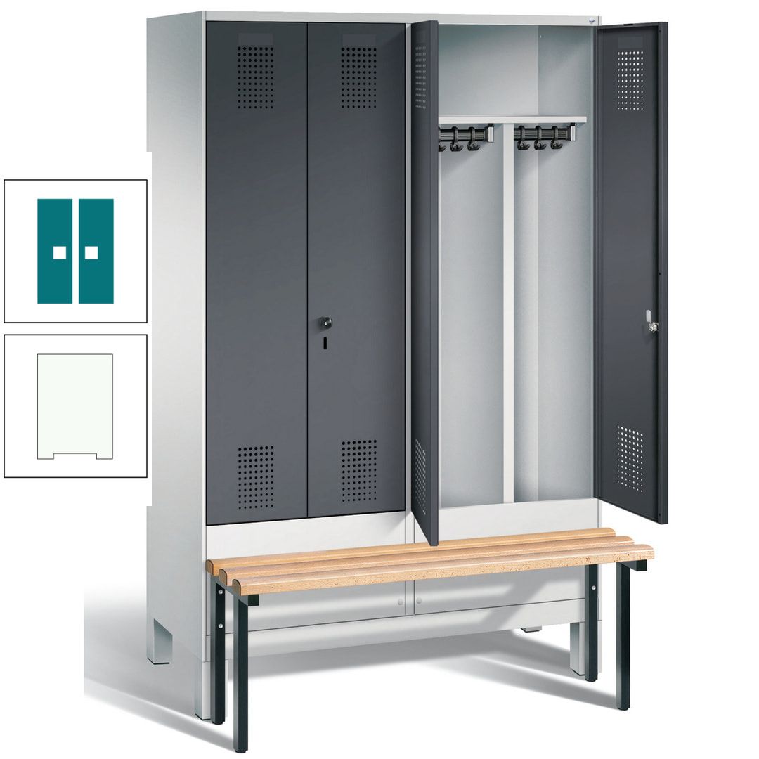 Doppel-Spind, Garderobenschrank, Buche Sitzbank vorgebaut, 4 Abteile a 300 mm, Korpus feuerrot, Tür Wasserblau, 1.850 x 1.200 x 815 mm (HxBxT)