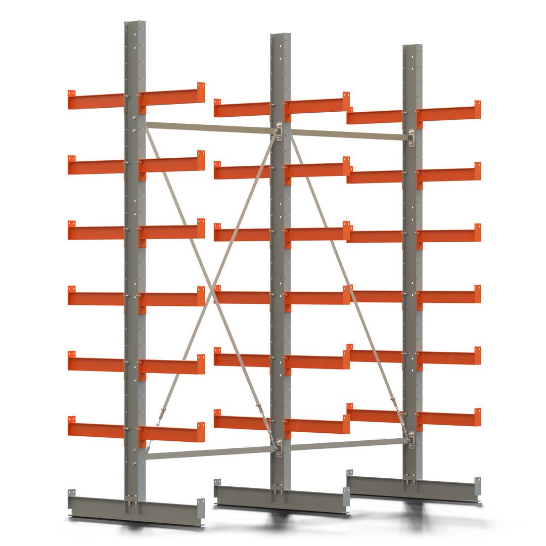 Doppelseitiges Kragarmregal, 2 Felder, 3.000 x 2.560 x 1.120 mm (HxBxT), Nutztiefe 500 mm, Kragarmlast 870 kg, KARL basic, silbergrau/reinorange