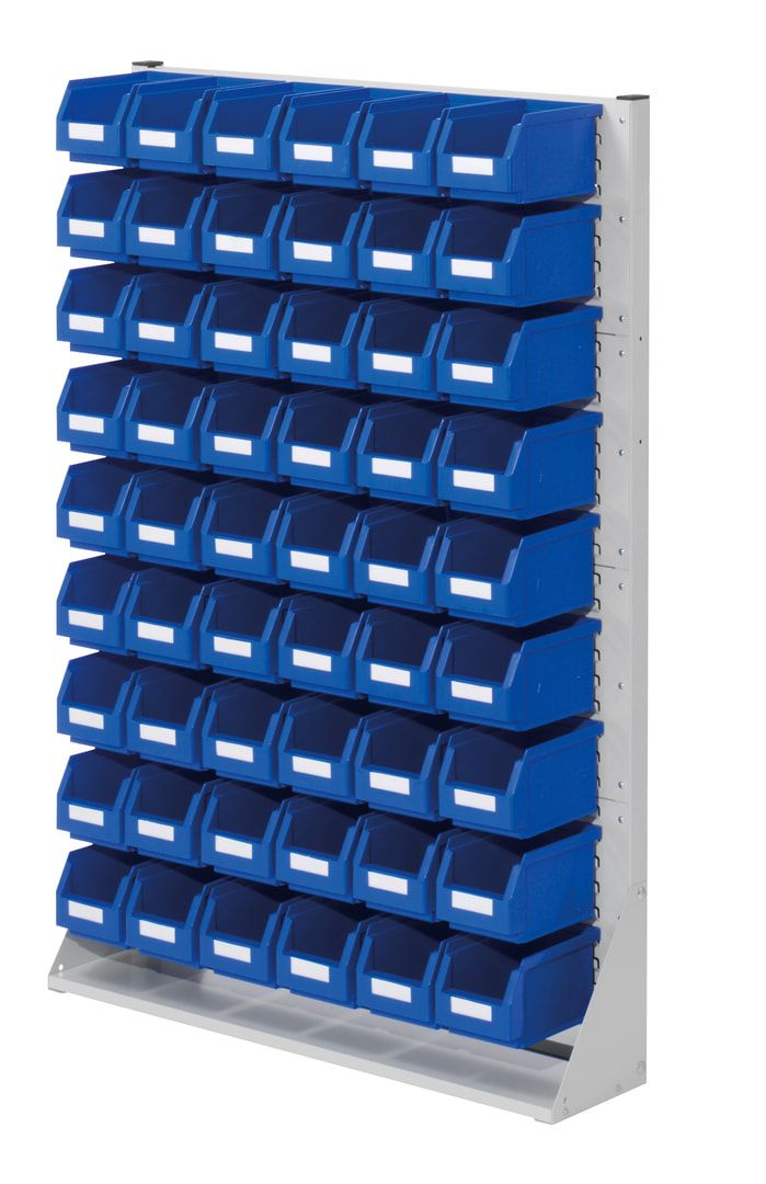 Stationäre Regalwand - Schlitzwand für Sichtlagerkästen - einseitig - mit 54 Kästen bestückt - 1.450 x 1.000 x 240 mm (HxBxT)