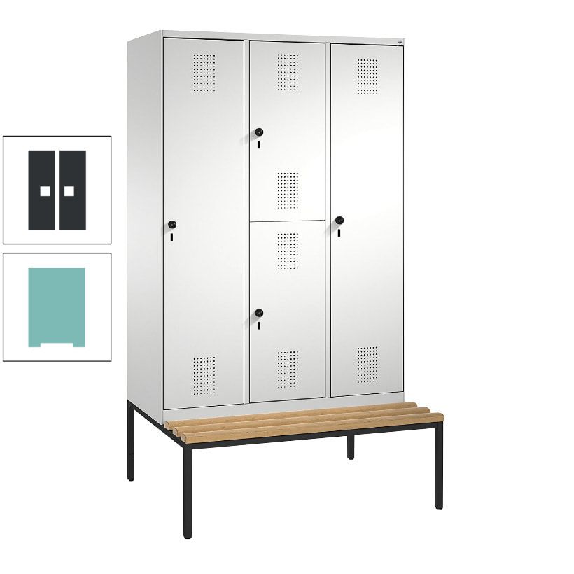 Garderobenschrank, Spind ein- und doppelstöckig Sitzbank, 3 Abteile, 4 Fächer, 2.090x1.200x500 mm (HxBxT), Front anthrazitgrau, Korpus anthrazitgrau