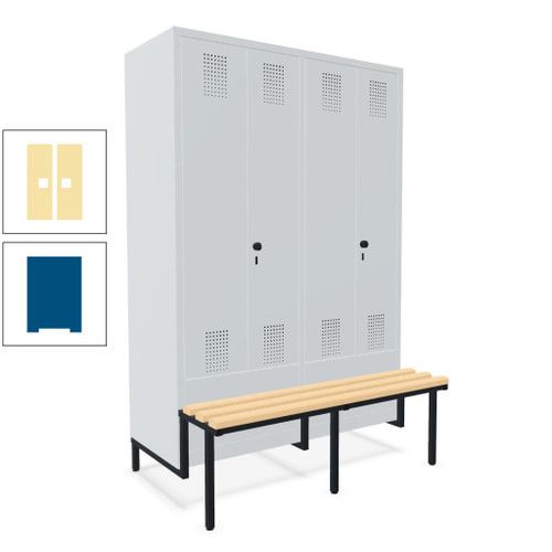 Doppel-Spind, Garderobenschrank, Buche Sitzbank integriert, 4 Abteile 300 mm, Korpus anthrazitgrau, Tür anthrazitgrau, 1.850 x 1.200 x 815 mm (HxBxT)