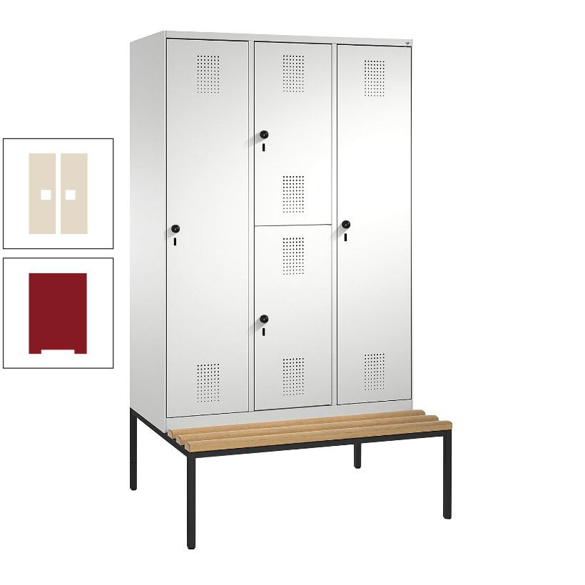Garderobenschrank, Spind ein- und doppelstöckig Sitzbank, 3 Abteile, 4 Fächer, 2.090x1.200x500 mm (HxBxT), Front anthrazitgrau, Korpus anthrazitgrau