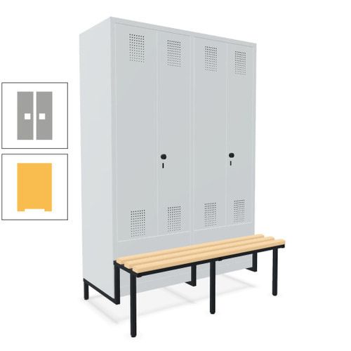 Doppel-Spind, Garderobenschrank, Buche Sitzbank integriert, 4 Abteile 300 mm, Korpus anthrazitgrau, Tür anthrazitgrau, 1.850 x 1.200 x 815 mm (HxBxT)