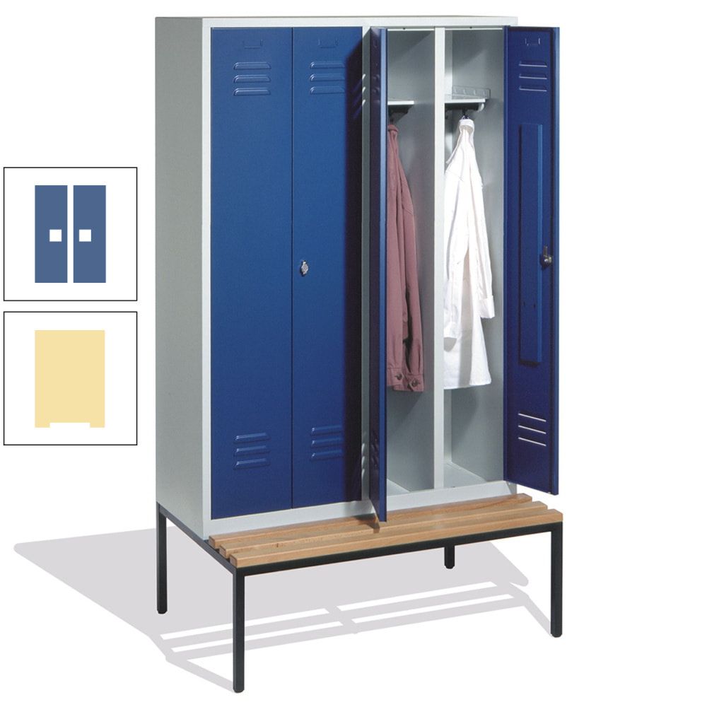 Doppel-Spindschrank, Buche Sitzbank untergebaut, 4 Abteile a 300 mm, Korpus lichtgrau, Tür anthrazitgrau, 2.090 x 1.190 x 815 mm (HxBxT)