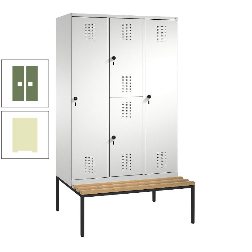 Garderobenschrank, Spind ein- und doppelstöckig Sitzbank, 3 Abteile, 4 Fächer, 2.090x1.200x500 mm (HxBxT), Front anthrazitgrau, Korpus anthrazitgrau