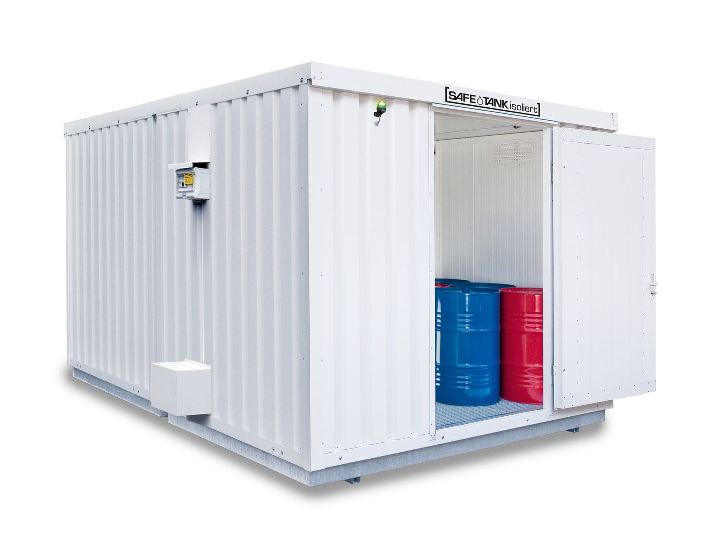 Isolierter Gefahrstoffcontainer - 2.520 x 5.050 x 4.340 mm (HxBxT) - Auffangvolumen 2 x 1.480 l - ohne Lüftung - Doppelflügeltür kurze Seite