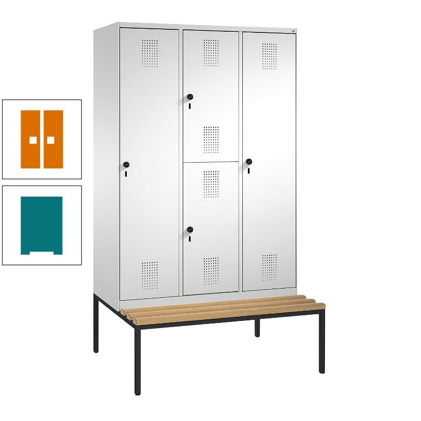 Garderobenschrank, Spind ein- und doppelstöckig Sitzbank, 3 Abteile, 4 Fächer, 2.090x1.200x500 mm (HxBxT), Front anthrazitgrau, Korpus anthrazitgrau