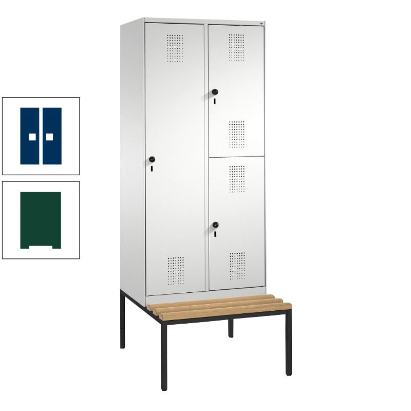 Garderobenschrank, Spind ein- und doppelstöckig Sitzbank, 2 Abteile, 3 Fächer, 2.090 x 800 x 500 mm (HxBxT), Front anthrazitgrau, Korpus anthrazitgrau