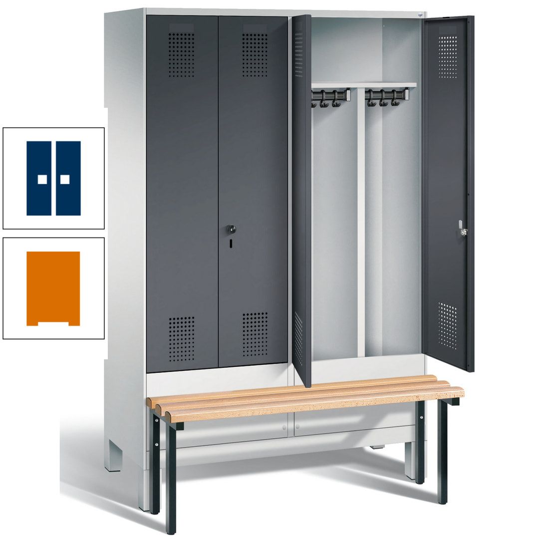 Doppel-Spind, Garderobenschrank, Buche Sitzbank vorgebaut, 4 Abteile a 300 mm, Korpus feuerrot, Tür Wasserblau, 1.850 x 1.200 x 815 mm (HxBxT)