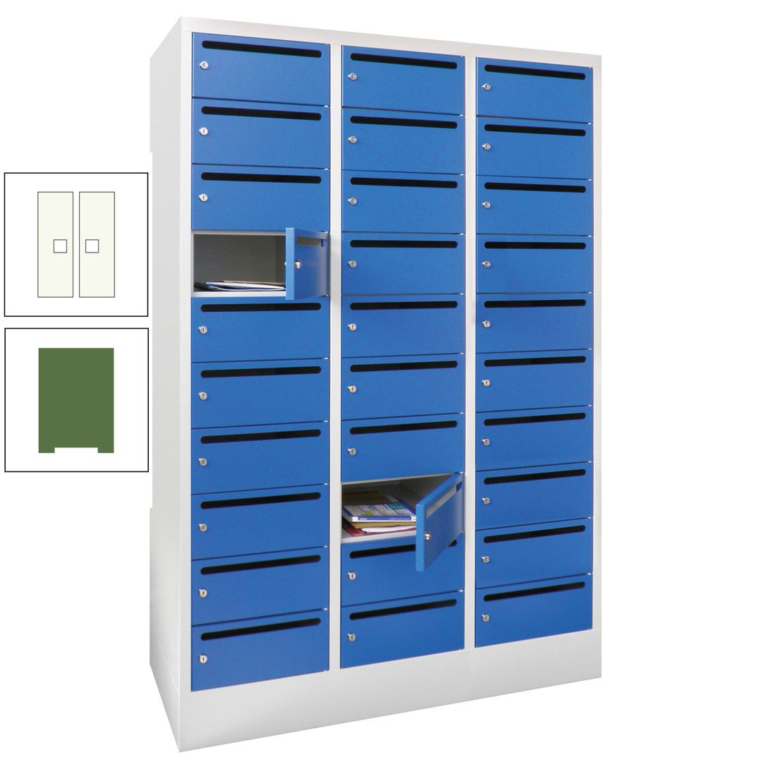 Postverteilerschrank, Schließfachschrank, 3 Abteile a 300 mm, 30 Fächer, 1.850 x 900 x 500 mm (HxBxT), Korpus anthrazitgrau, Front anthrazitgrau