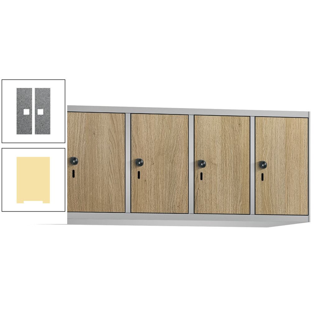 Aufsatzschrank, Schrankaufsatz, 4 Fächer a 300 mm, Farbe Pastellgelb, Tür anthrazitgrau, 500 x 1.200 x 500 mm (HxBxT)