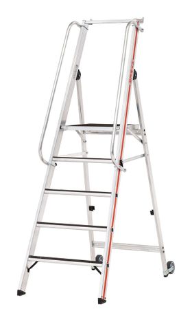 Plattformleiter, langem Handlauf, Alu, 2 Kipprollen, Rutschhemmung R13, Ablage, Eimerhaken, Leiterlänge wählbar, 4 - 12 Stufen, Traglast 150 kg, Hymer