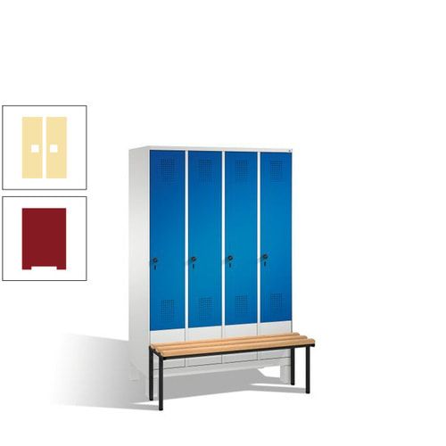 Stahl-Garderobenschrank, Spind, Buche Sitzbank vorgebaut, 4 Abteile a 300 mm, Korpus Lichtgrün, Tür Schwefelgelb, 1.850 x 1.200 x 815 mm (HxBxT)